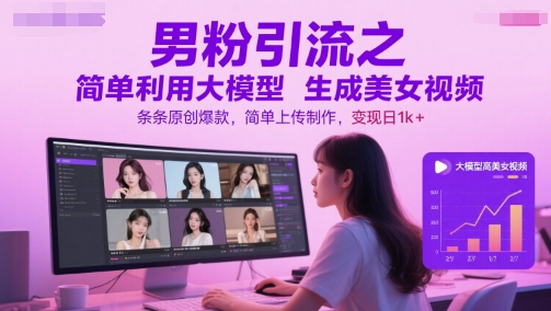 男粉引流之简单利用大模型生成美女视频，条条原创爆款，简单上传制作，变现日1k+网赚项目-副业赚钱-互联网创业-资源整合小白搞钱网,分享免费网赚项目,网创资源,视频教程,网络资源的休闲小站